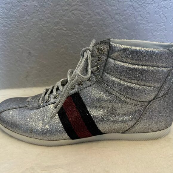 Gucci Sneakers Glitter Web Leather Silver Metallic High Top RARE Gucci 9, US 9.5 - Picture 5 of 10